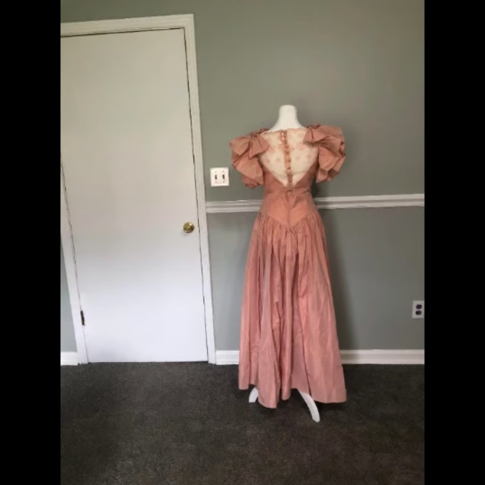 Vintage 1980s Does 1930s Ruffle Bow Sleeve Diamante Princesscore Gown - Picture 7 of 8